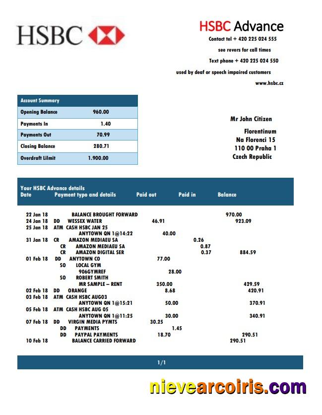 Czech HSBC bank statement easy to fill
